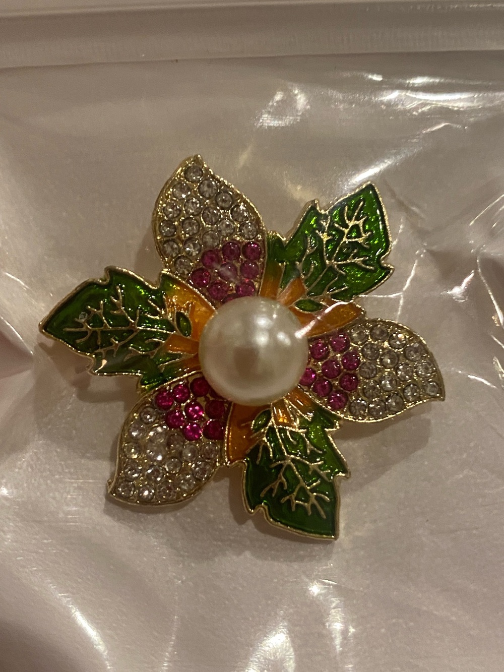 Gold-Tone Floral Brooch with Pearl and Green Enamel Accents